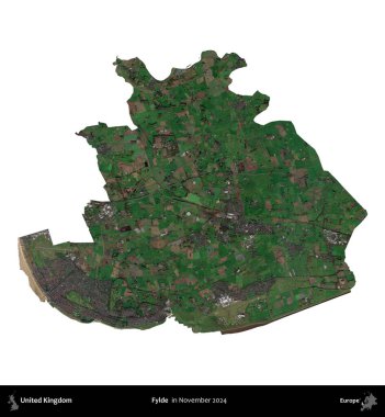 Fylde. Birleşik Krallık 'ın idari alanı, Kasım 2024' te çekilen Kopernik Nöbetçi karolarından oluşan bir uydu görüntüsü üzerinde beyaza izole edilmiştir.