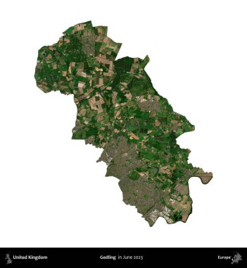 Gedling. Birleşik Krallık 'ın idari alanı, Haziran 2023' te çekilen Kopernik Nöbetçi karolarından oluşan bir uydu görüntüsü üzerinde beyaza izole edilmiştir.