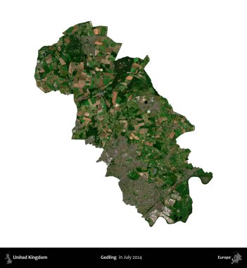 Gedling. Birleşik Krallık 'ın idari alanı, Temmuz 2024' te çekilen Kopernik Nöbetçi karolarından oluşan bir uydu görüntüsü ile beyaza izole edilmiştir.