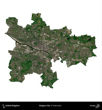 Glasgow Şehri. Birleşik Krallık 'ın idari alanı, Haziran 2023' te çekilen Kopernik Nöbetçi karolarından oluşan bir uydu görüntüsü üzerinde beyaza izole edilmiştir.
