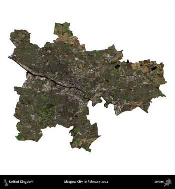 Glasgow Şehri. Birleşik Krallık 'ın idari alanı, Şubat 2024' te çekilen Kopernik Nöbetçi karolarından oluşan bir uydu görüntüsüyle beyaza izole edilmiştir.