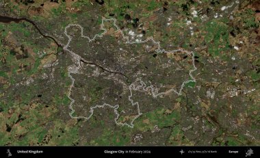 Glasgow Şehri. Şubat 2024 'te çekilen Kopernik Nöbetçi karolarından oluşan bir uydu görüntüsü üzerinde Birleşik Krallık' ın idari alanının ana hatlarını belirledik.