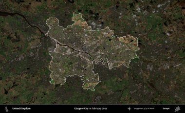 Glasgow Şehri. Birleşik Krallık 'ın idari alanı, Şubat 2024' te çekilen Kopernik Nöbetçi karolarından oluşan koyu renkli bir uydu görüntüsü üzerinde vurgulandı ve özetlendi.