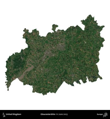 Gloucestershire 'da. Birleşik Krallık 'ın idari alanı, Haziran 2023' te çekilen Kopernik Nöbetçi karolarından oluşan bir uydu görüntüsü üzerinde beyaza izole edilmiştir.