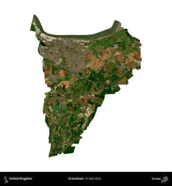 Gravesham. Birleşik Krallık 'ın idari bölgesi, Temmuz 2023' te çekilen Kopernik Nöbetçi karolarından oluşan bir uydu görüntüsü ile beyaza izole edilmiştir.