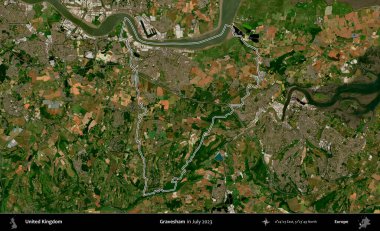 Gravesham. Temmuz 2023 'te çekilen Copernicus Sentinel karolarından oluşan bir uydu görüntüsü üzerinde Birleşik Krallık' ın idari bölgesinin ana hatlarını belirledik.
