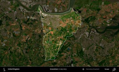 Gravesham. Birleşik Krallık 'ın idari alanı, Temmuz 2023' te çekilen Kopernik Nöbetçi karolarından oluşan koyu renkli bir uydu görüntüsüyle vurgulanmış ve özetlenmiştir.