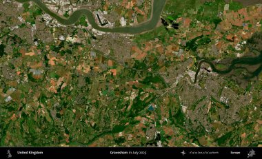 Gravesham. Temmuz 2023 'te çekilen Kopernik Nöbetçi karolarından oluşan bir uydu görüntüsü üzerinde Birleşik Krallık' ın idari alanı