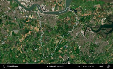 Gravesham. Haziran 2024 'te çekilen Kopernik Nöbetçi karolarından oluşan bir uydu görüntüsü üzerinde Birleşik Krallık' ın idari alanının ana hatlarını belirledik.
