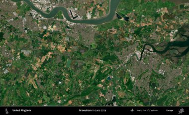 Gravesham. Haziran 2024 'te çekilen Kopernik Nöbetçi karolarından oluşan bir uydu görüntüsü üzerinde Birleşik Krallık' ın idari alanı