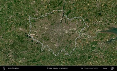 Büyük Londra. Haziran 2020 'de çekilen Kopernik Nöbetçi karolarından oluşan bir uydu görüntüsü üzerinde Birleşik Krallık' ın idari alanının ana hatlarını belirledik.