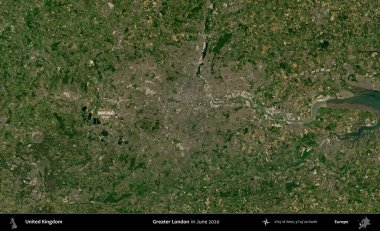 Büyük Londra. Haziran 2020 'de çekilen Kopernik Nöbetçi karolarından oluşan bir uydu görüntüsü üzerinde Birleşik Krallık' ın idari alanı
