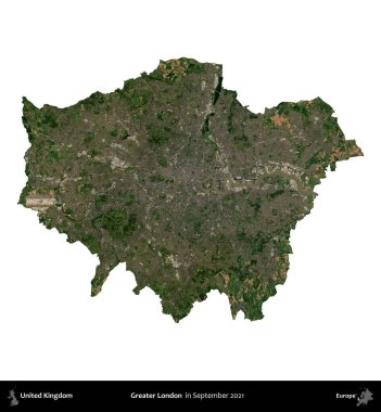 Büyük Londra. Birleşik Krallık 'ın idari alanı, Eylül 2021' de çekilen Kopernik Nöbetçi karolarından oluşan bir uydu görüntüsü üzerinde beyaza izole edildi.