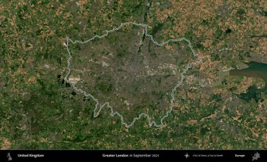 Büyük Londra. Eylül 2021 'de çekilen Kopernik Nöbetçi karolarından oluşan bir uydu görüntüsü üzerinde Birleşik Krallık' ın idari alanının ana hatlarını belirledik.