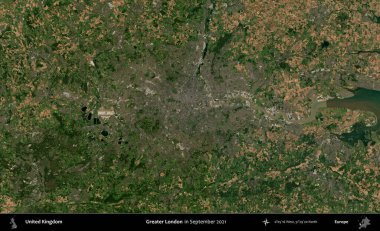 Büyük Londra. Eylül 2021 'de Copernicus Sentinel karolarından oluşan bir uydu görüntüsü üzerinde Birleşik Krallık' ın idari alanı