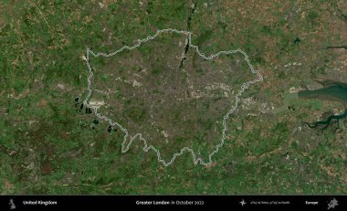 Büyük Londra. Ekim 2022 'de çekilen Kopernik Nöbetçi karolarından oluşan bir uydu görüntüsü üzerinde Birleşik Krallık' ın idari alanının ana hatlarını belirledik.