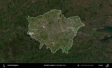 Büyük Londra. Birleşik Krallık 'ın idari alanı, Ekim 2022' de çekilen Kopernik Nöbetçi karolarından oluşan koyu renkli bir uydu görüntüsü üzerinde vurgulandı ve özetlendi.