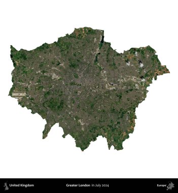Büyük Londra. Birleşik Krallık 'ın idari alanı, Temmuz 2024' te çekilen Kopernik Nöbetçi karolarından oluşan bir uydu görüntüsü ile beyaza izole edilmiştir.