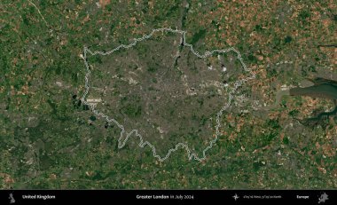 Büyük Londra. Temmuz 2024 'te çekilen Copernicus Sentinel karolarından oluşan bir uydu görüntüsü üzerinde Birleşik Krallık' ın idari bölgesinin ana hatlarını belirledik.