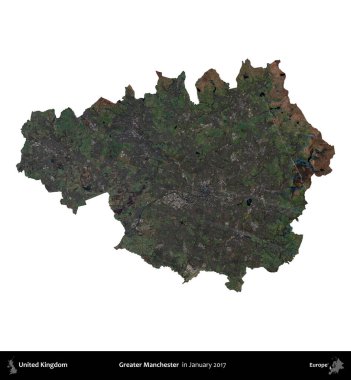 Daha büyük Manchester. Birleşik Krallık 'ın idari alanı, Copernicus Sentinel' in Ocak 2017 'de çekilmiş uydu görüntüsü ile beyaza izole edilmiştir.