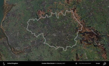 Daha büyük Manchester. Ocak 2017 'de çekilen Kopernik Nöbetçi karolarından oluşan bir uydu görüntüsü üzerinde Birleşik Krallık' ın idari alanının ana hatlarını belirledik.