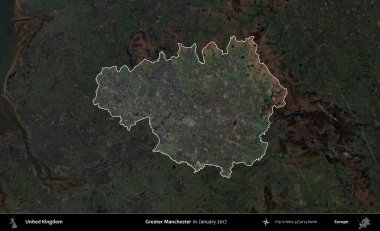 Daha büyük Manchester. Birleşik Krallık 'ın idari alanı, Ocak 2017' de çekilen Kopernik Nöbetçi karolarından oluşan koyu renkli bir uydu görüntüsü üzerinde vurgulandı ve özetlendi.