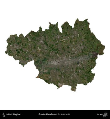 Daha büyük Manchester. Birleşik Krallık 'ın idari alanı, Haziran 2018' de çekilen Kopernik Nöbetçi karolarından oluşan bir uydu görüntüsüyle beyaza izole edilmiştir.