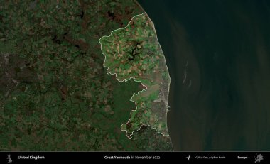 Yüce Yarmouth. Birleşik Krallık 'ın idari alanı, Kasım 2022' de çekilen Kopernik Nöbetçi karolarından oluşan koyu renkli bir uydu görüntüsü üzerinde vurgulandı ve özetlendi.