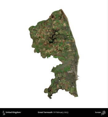 Yüce Yarmouth. Birleşik Krallık 'ın idari alanı, Şubat 2023' te çekilen Kopernik Nöbetçi karolarından oluşan bir uydu görüntüsü ile beyaza izole edilmiştir.
