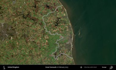 Yüce Yarmouth. Şubat 2023 'te çekilen Kopernik Nöbetçi karolarından oluşan bir uydu görüntüsü üzerinde Birleşik Krallık' ın idari bölgesinin ana hatlarını belirledik.