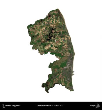 Yüce Yarmouth. Birleşik Krallık 'ın idari alanı, Mart 2024' te çekilen Kopernik Nöbetçi karolarından oluşan bir uydu görüntüsü üzerinde beyaza izole edilmiştir.