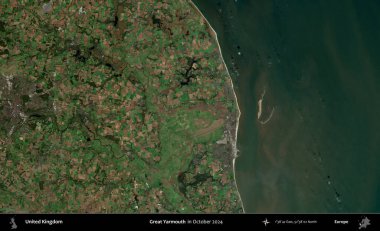 Yüce Yarmouth. Ekim 2024 'te Copernicus Sentinel karolarından oluşan bir uydu görüntüsü üzerinde Birleşik Krallık' ın idari alanı