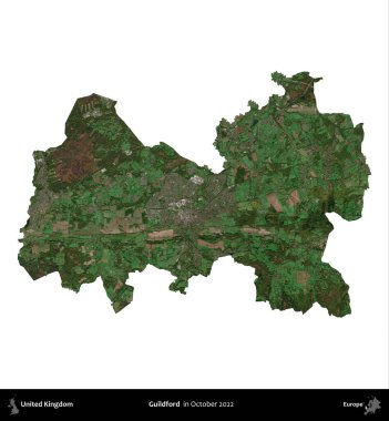 Guildford. Birleşik Krallık 'ın idari alanı, Ekim 2022' de çekilen Kopernik Nöbetçi karolarından oluşan bir uydu görüntüsüyle beyaza izole edildi.