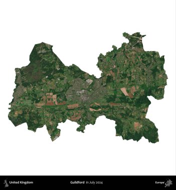 Guildford. Birleşik Krallık 'ın idari alanı, Temmuz 2024' te çekilen Kopernik Nöbetçi karolarından oluşan bir uydu görüntüsü ile beyaza izole edilmiştir.