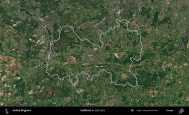 Guildford. Temmuz 2024 'te çekilen Copernicus Sentinel karolarından oluşan bir uydu görüntüsü üzerinde Birleşik Krallık' ın idari bölgesinin ana hatlarını belirledik.