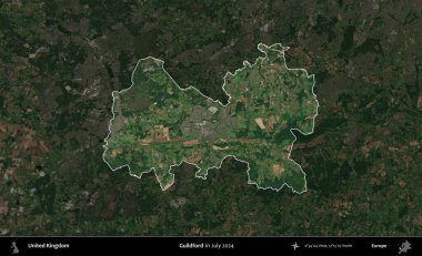 Guildford. Birleşik Krallık 'ın idari alanı, Temmuz 2024' te çekilen Kopernik Nöbetçi karolarından oluşan koyu renkli bir uydu görüntüsü üzerinde vurgulandı ve özetlendi.