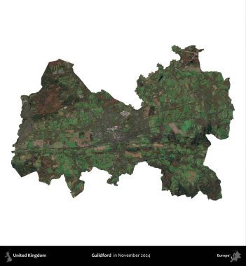 Guildford. Birleşik Krallık 'ın idari alanı, Kasım 2024' te çekilen Kopernik Nöbetçi karolarından oluşan bir uydu görüntüsü üzerinde beyaza izole edilmiştir.