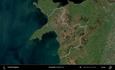 Gwynedd. Nisan 2017 'de çekilen Kopernik Nöbetçi karolarından oluşan bir uydu görüntüsü üzerinde Birleşik Krallık' ın idari alanının ana hatlarını belirledik.