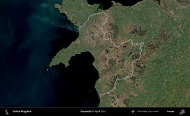 Gwynedd. Nisan 2021 'de çekilen Kopernik Nöbetçi karolarından oluşan bir uydu görüntüsü üzerinde Birleşik Krallık' ın idari bölgesinin ana hatlarını belirledik.