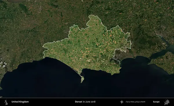Dorset. Birleşik Krallık 'ın idari alanı, Haziran 2018' de çekilen Kopernik Nöbetçi karolarından oluşan koyu renkli bir uydu görüntüsü üzerinde vurgulandı ve özetlendi.