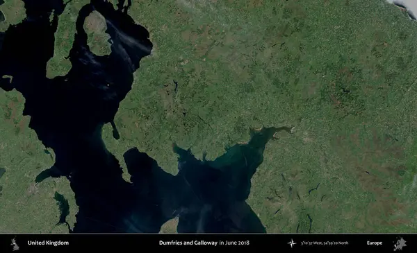 Dumfries ve Galloway. Haziran 2018 'de çekilen Kopernik Nöbetçi karolarından oluşan bir uydu görüntüsü üzerinde Birleşik Krallık' ın idari alanı