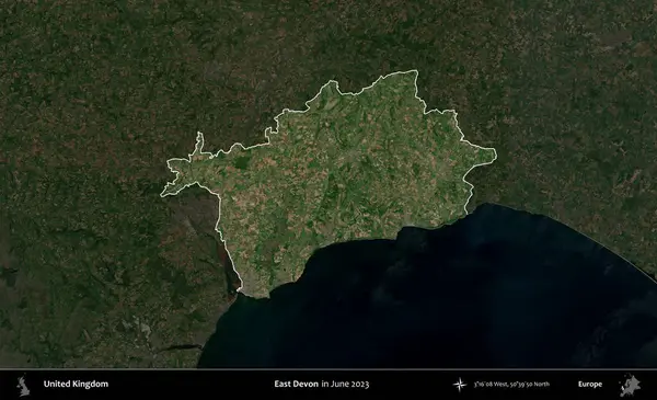 Doğu Devon. Birleşik Krallık 'ın idari alanı, Haziran 2023' te çekilen Kopernik Nöbetçi karolarından oluşan koyu renkli bir uydu görüntüsüyle vurgulanmış ve özetlenmiştir.