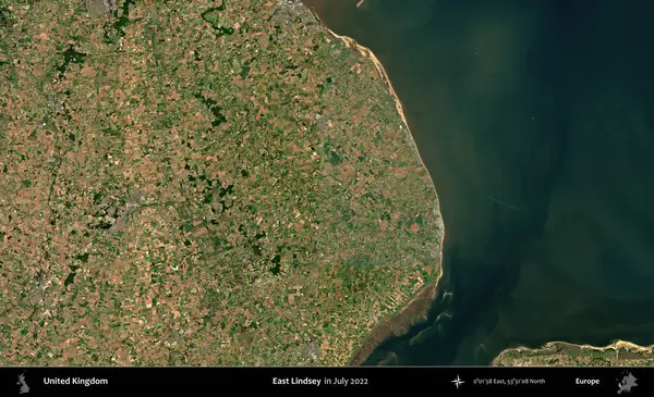 Doğu Lindsey. Temmuz 2022 'de çekilen Kopernik Nöbetçi karolarından oluşan bir uydu görüntüsü üzerinde Birleşik Krallık' ın idari alanı