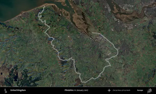 Flintshire 'da. Ocak 2017 'de çekilen Kopernik Nöbetçi karolarından oluşan bir uydu görüntüsü üzerinde Birleşik Krallık' ın idari alanının ana hatlarını belirledik.