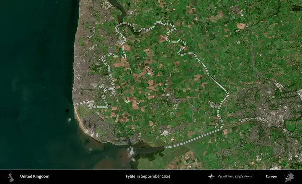 Fylde. Eylül 2024 'te çekilen Kopernik Nöbetçi karolarından oluşan bir uydu görüntüsü üzerinde Birleşik Krallık' ın idari bölgesinin ana hatlarını belirledik.