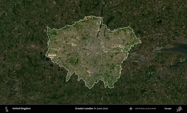 Büyük Londra. Birleşik Krallık 'ın idari alanı, Haziran 2020' de çekilen Kopernik Nöbetçi karolarından oluşan koyu renkli bir uydu görüntüsü üzerinde vurgulandı ve özetlendi.