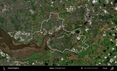 Halton. Ekim 2024 'te çekilen Kopernik Nöbetçi karolarından oluşan bir uydu görüntüsü üzerinde Birleşik Krallık' ın idari bölgesinin ana hatlarını belirledik.