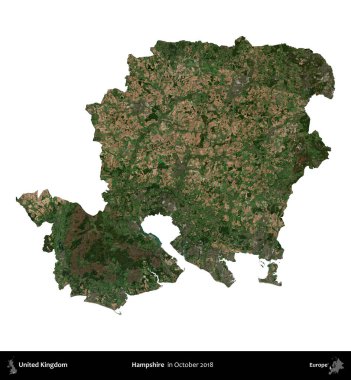 Hampshire. Birleşik Krallık 'ın idari alanı, Ekim 2018' de çekilen Kopernik Nöbetçi karolarından oluşan bir uydu görüntüsüyle beyaza izole edildi.