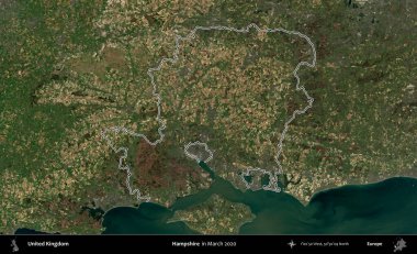 Hampshire. Mart 2020 'de çekilen Copernicus Sentinel karolarından oluşan bir uydu görüntüsü üzerinde Birleşik Krallık' ın idari bölgesinin ana hatlarını belirledik.