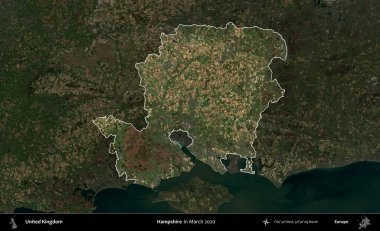 Hampshire. Birleşik Krallık 'ın idari alanı, Mart 2020' de çekilen Kopernik Nöbetçi karolarından oluşan koyu renkli bir uydu görüntüsü üzerinde vurgulandı ve özetlendi.